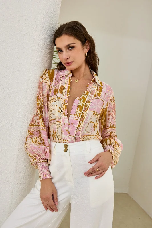 Helia Pink Abstract Shells Balloon Sleeve Blouse