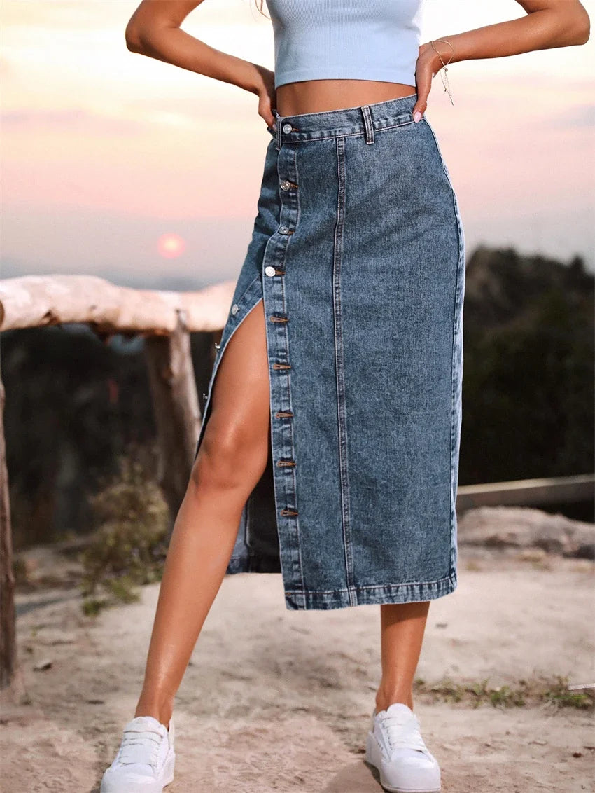 Vintage Maxi Denim Side-Split Long Skirt Bottom