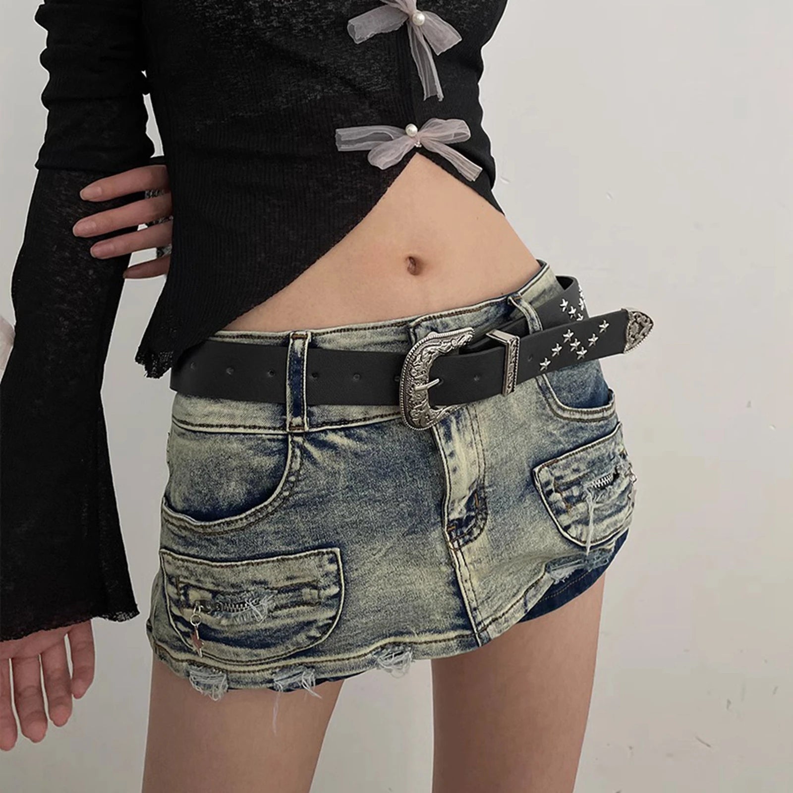 Vintage PU Leather Star-buckled Mini Skirt Bottom