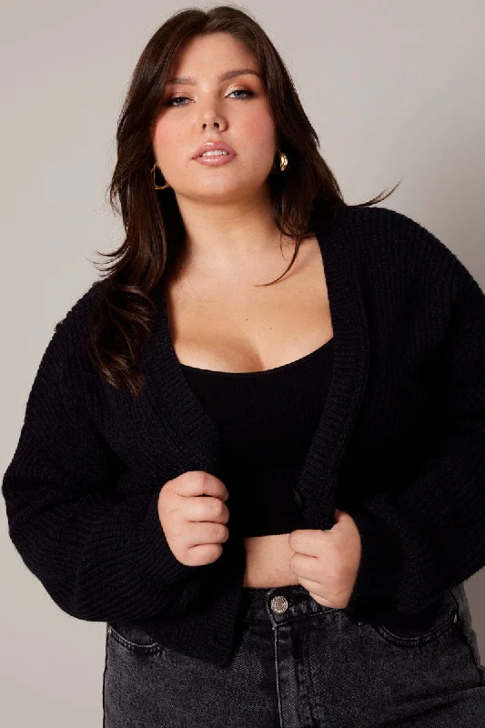 Black Knit Cardigan Long Sleeve V-neck Button Up