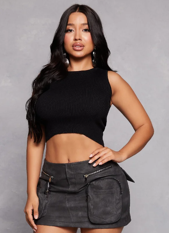 Ribbed Knit Crew Neck Cropped Tank Top