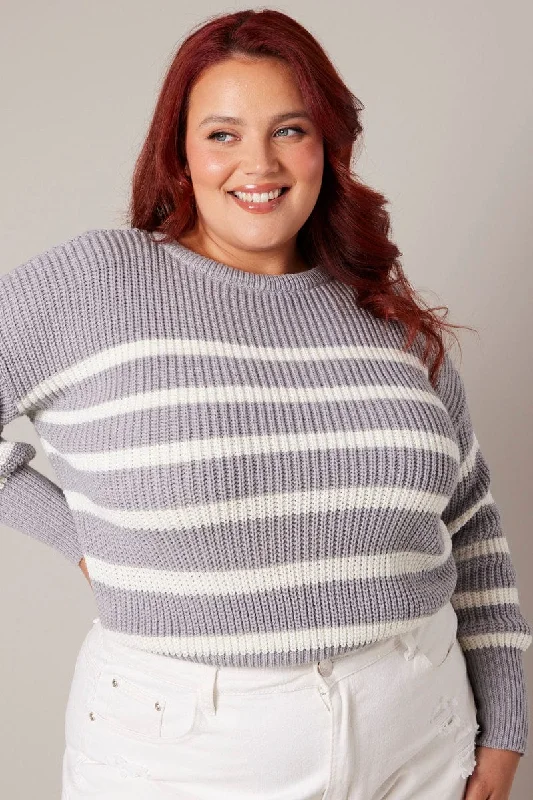 Grey Stripe Stripe Knit Jumper Crew Neck Long Sleeve