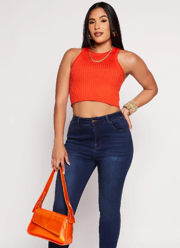 Ribbed Knit High Neck Cropped Tank Top