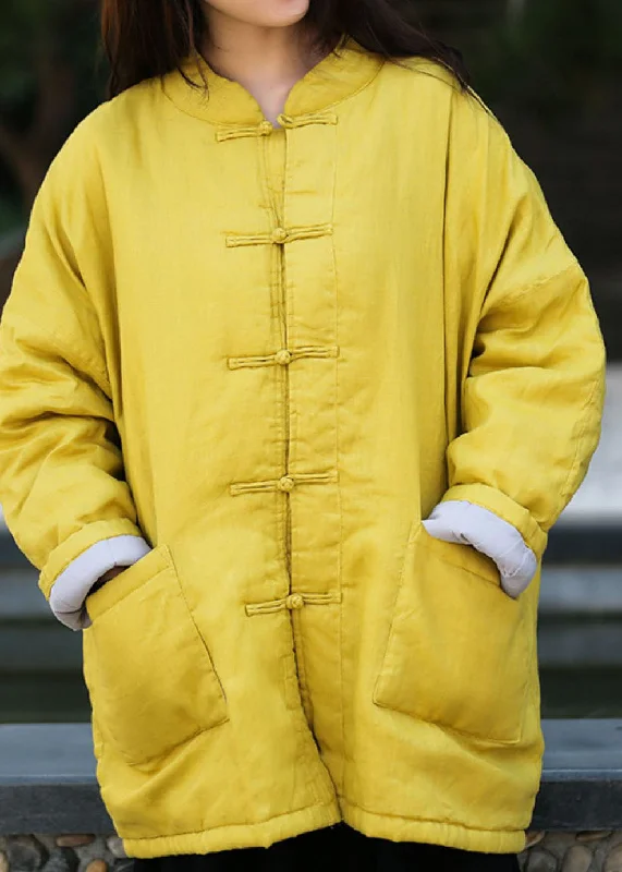 Modern Yellow Stand Collar Oversized Fine Cotton Filled Coats Winter