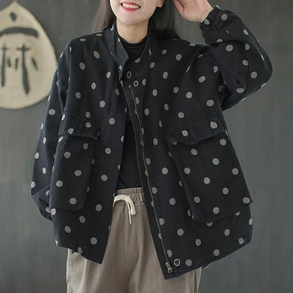 New All-match Retro Polka Dot Zipper Long Sleeve Coats Loose  Coat