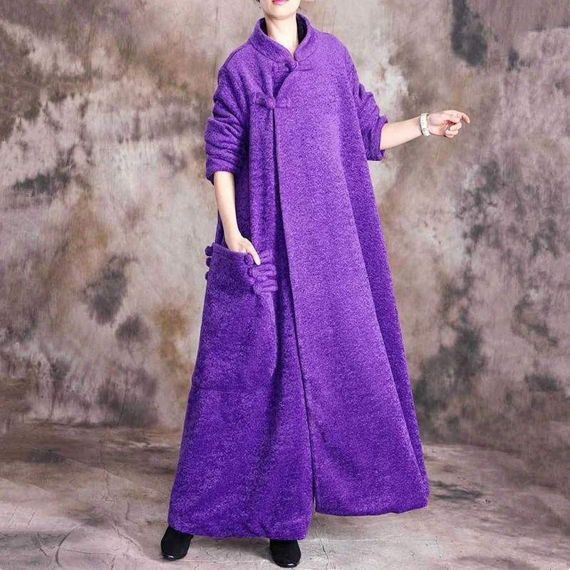 New purple wool coat casual Winter coat thick woolen outwear Chinese Button