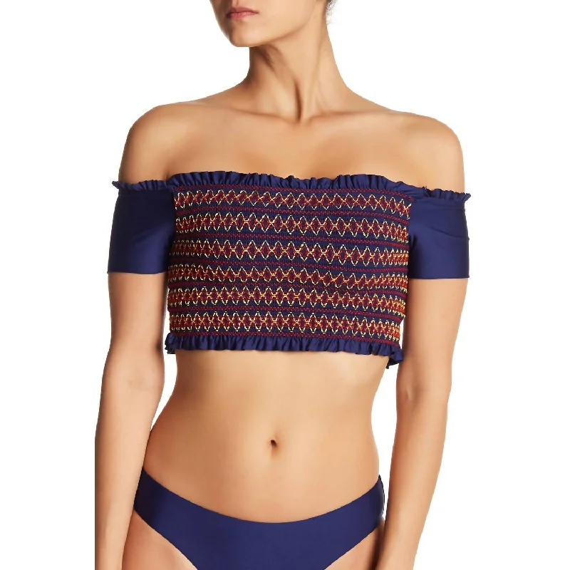 Frill Seeker Off Shoulder Bra Bikini Top In Frill Seeker Navy