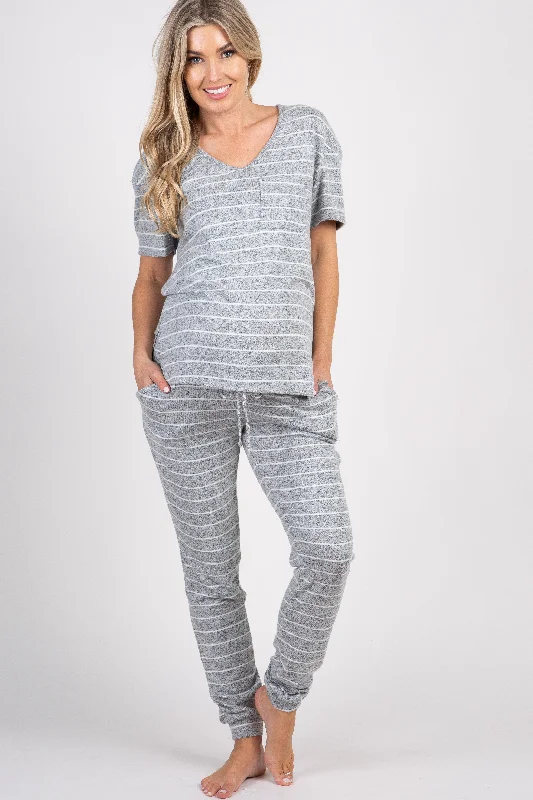 PinkBlush Heather Grey Striped Pocket Front Maternity Pajama Set