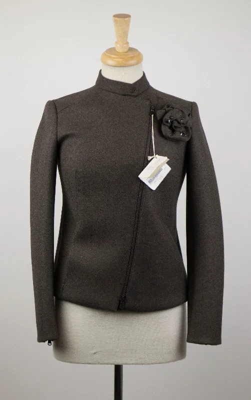 Brown Wool Blend Bomber Jacket With Brooch