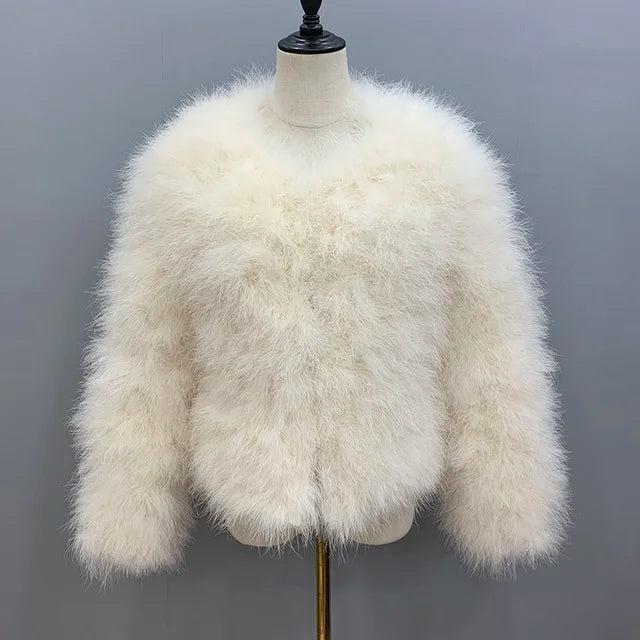 Women's Creamy White Furry Long Sleeve Casual Short Winter Jacket