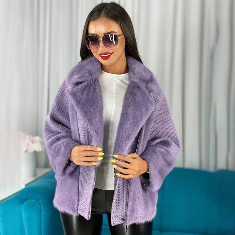 Women's Luxury Real Mink Fur Long Sleeve Winter Short Knitted Jacket