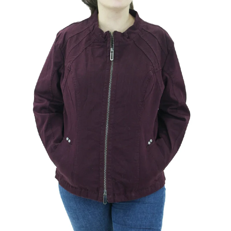 Women's Zipper-Sleeve Denim Jacket,Burgundy