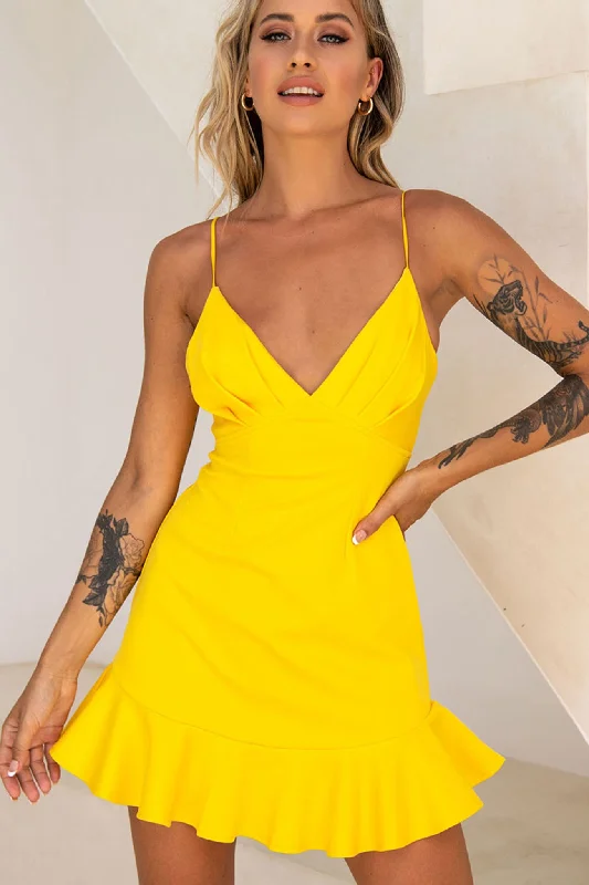 Chicago Pleated Bust Cami Strap Dress Yellow