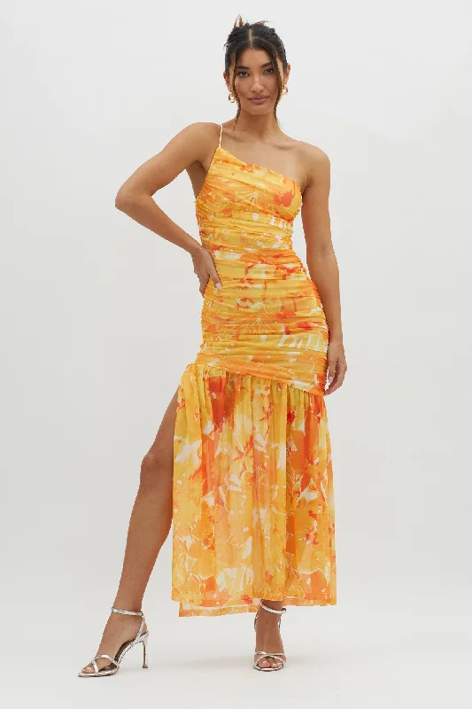 Golden Sun One-Shoulder Ruched Maxi Dress Yellow