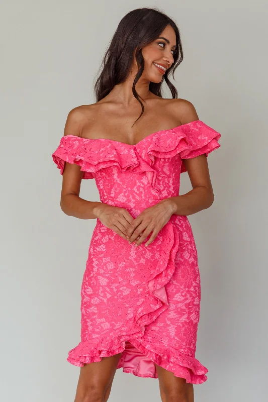 Rossi Off-Shoulder Double Ruffle Lace Dress Hot Pink