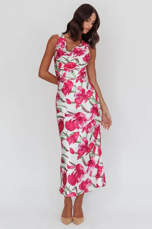 Serenitie Cowl Neck Waist Tie Maxi Dress Floral Pink