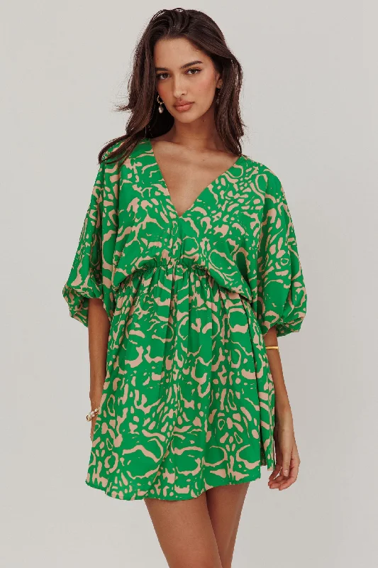 Sugar Coat Print Puff Sleeves Mini Dress Green