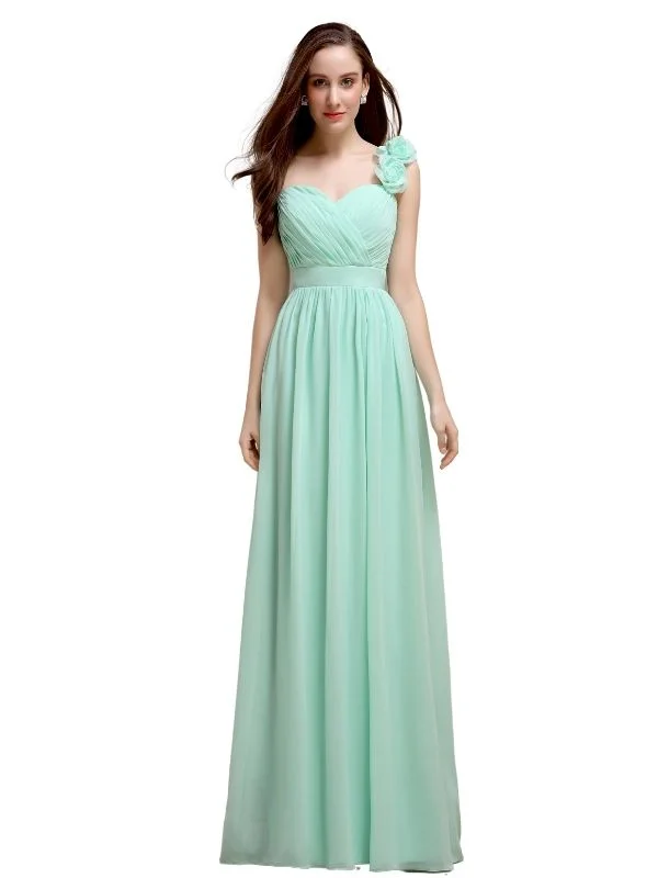 A-line One-Shoulder With Flowers Floor-Length Bridesmaid Dresses