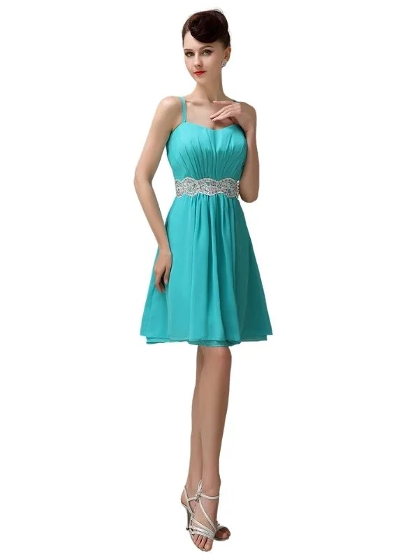 Spaghetti Straps Sweetheart A-line Chiffon Appliques Short Bridesmaid Dresses