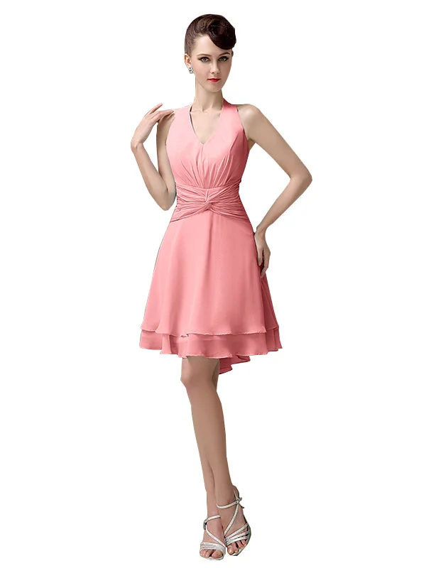 High-low Chiffon A-line Halter Short Bridesmaid Dresses