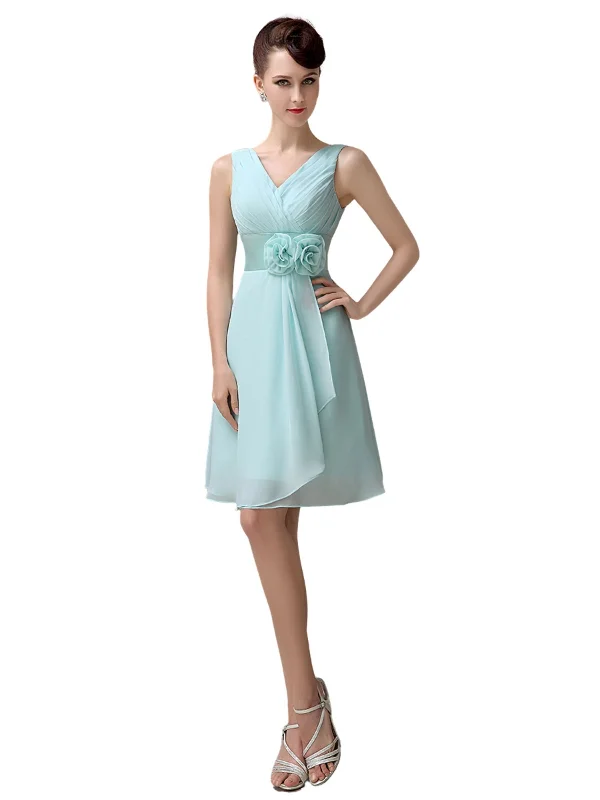 Cheap A-line Chiffon V-Neck Sleeveless Short Bridesmaid Dresses