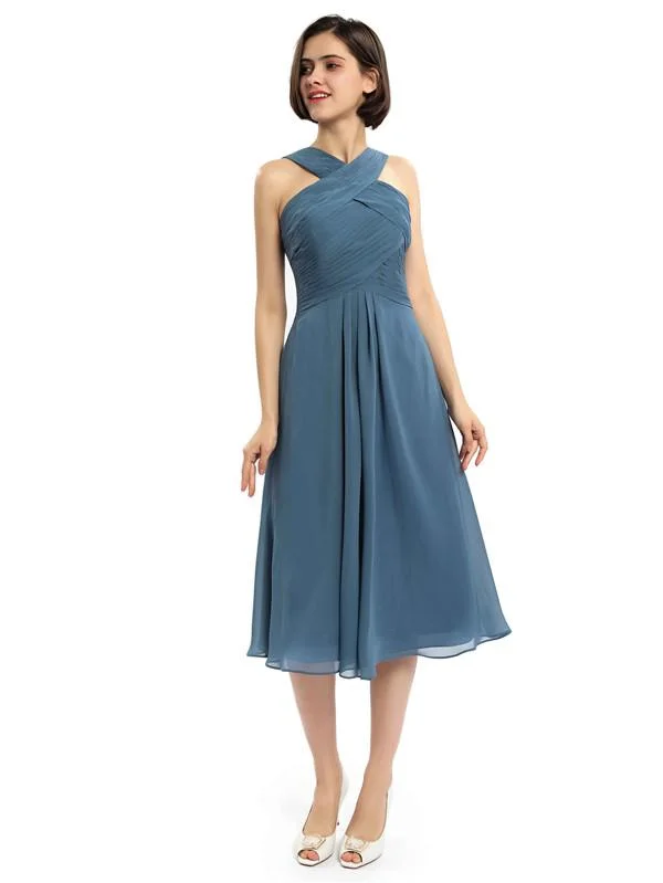 A-line Sleeveless Criss-cross Halter Tea-length Bridesmaid Dresses