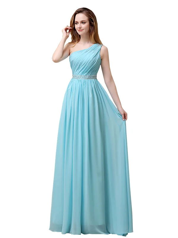 Elegant One Shoulder A-line Beaded Chiffon Long Bridesmaid Dresses