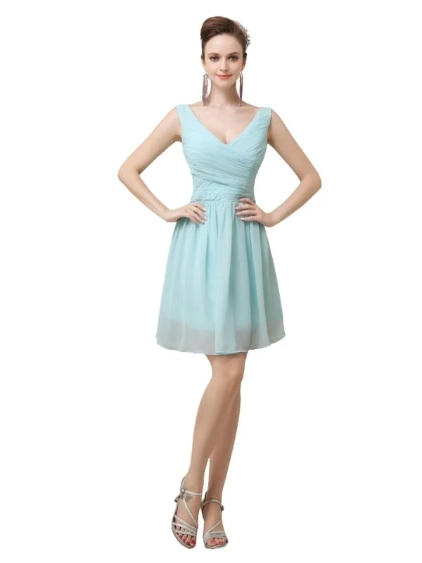 Charming V-neck Chiffon A-line Knee-Length Short Bridesmaid Dresses