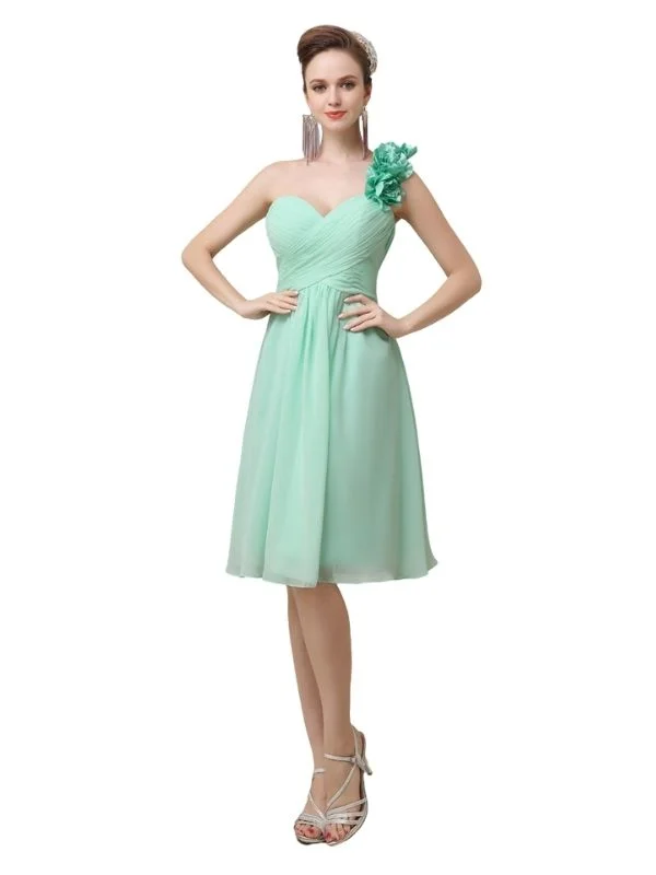 Cute A-line Chiffon One Shoulder Knee-Length Short Bridesmaid Dresses Under 100