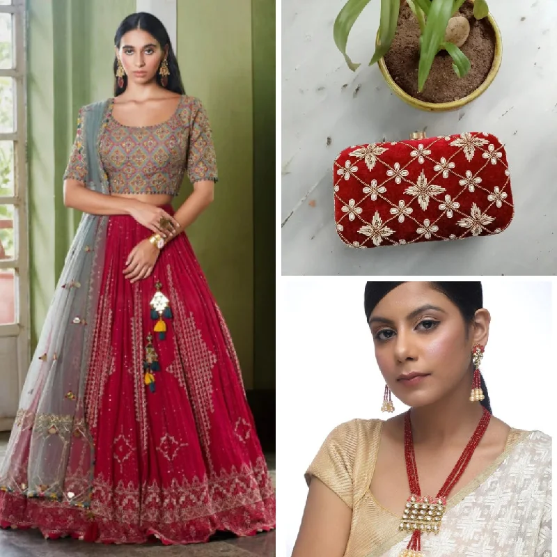 Raani Georgette Wedding Lehenga Choli For Women + Maroon Floral Hand-embroidered Clutch + Red Pearl & Kundan Desinger Pendant Neckpiece with Earrings - Rent