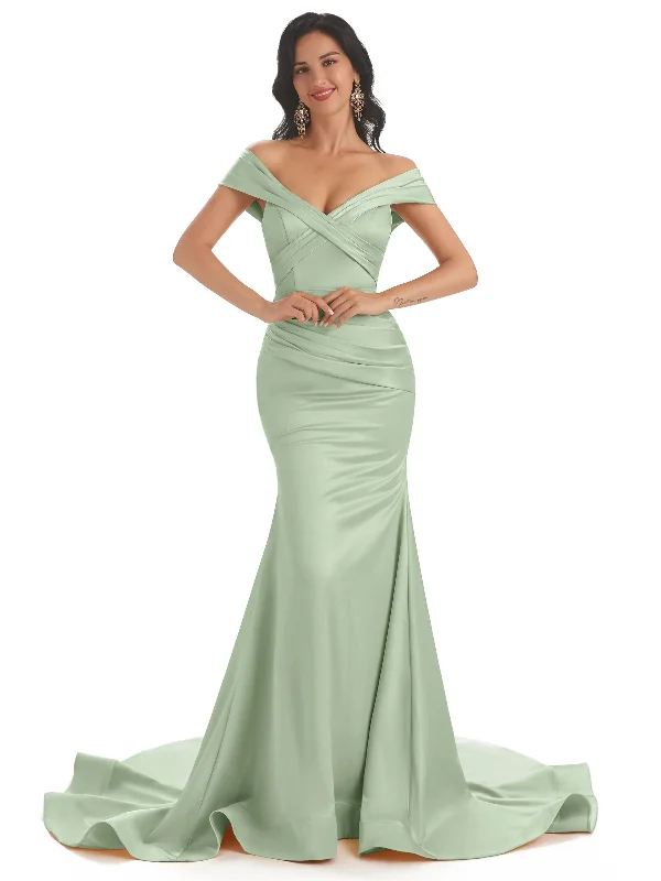 Elegant Cap sleeves Soft Satin Mermaid Long Unique Wedding Guest Dresses