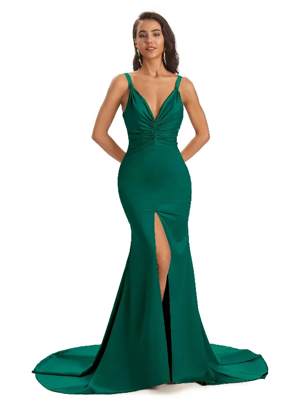 Elegant Satin Spaghetti Straps V-Neck Middle Slit Long Sexy Wedding Guest Dresses