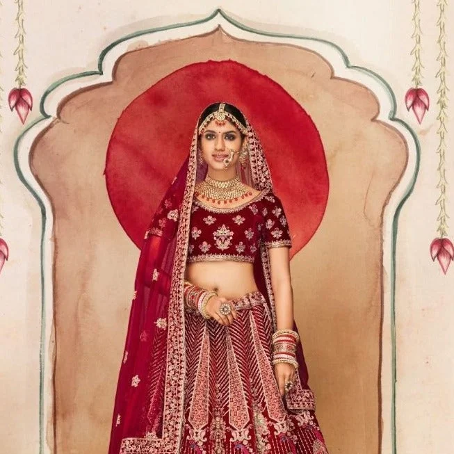 Maroon Mirror work wedding Lehenga - Rent