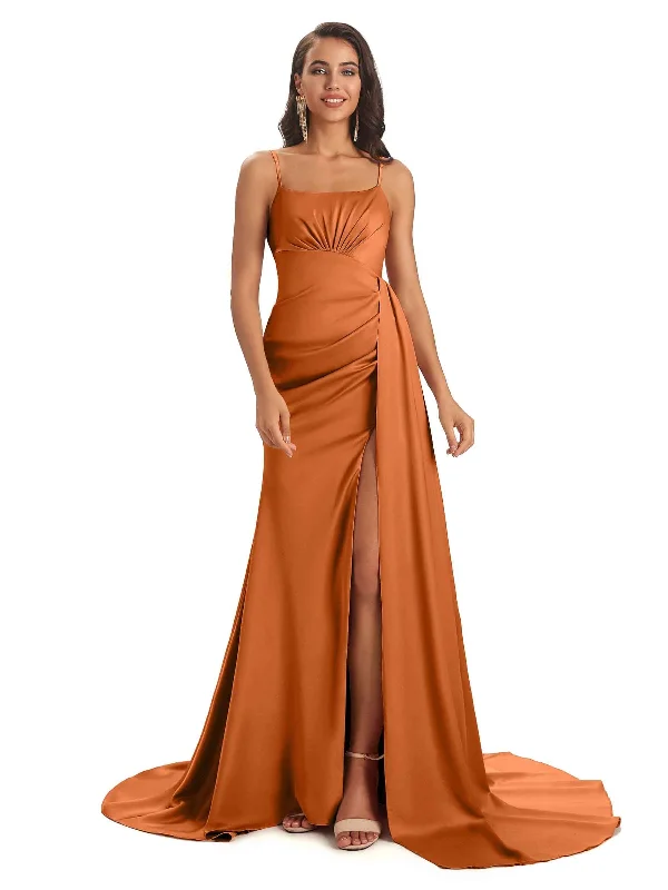 Modern Side Slit Spaghetti Straps Long Satin Dresses To Wear To a Wedding As a Guest