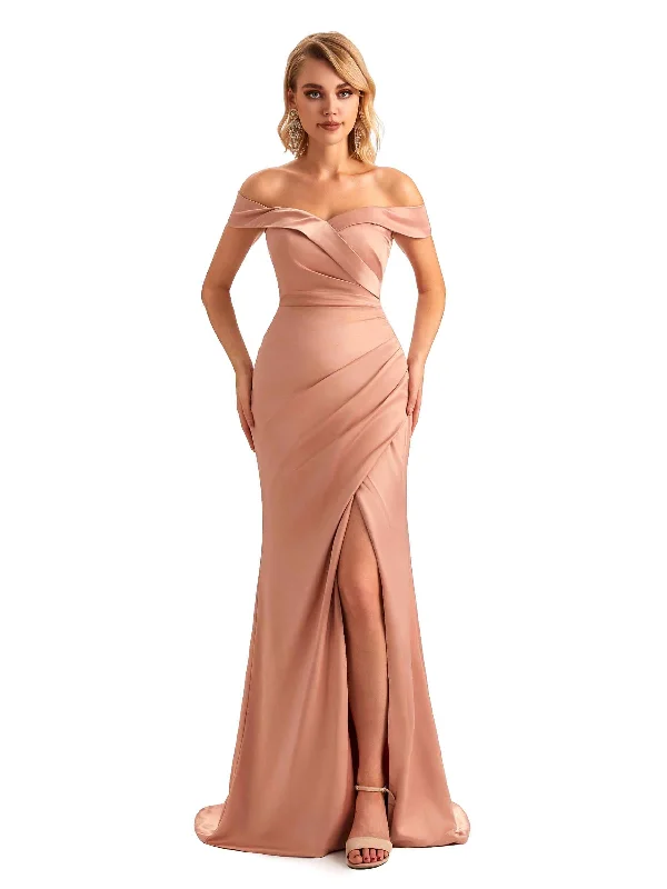 Off Shoulder Side Slit Mermaid Silky Satin Unique Long Formal Wedding Guest Dresses Online