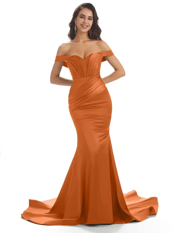 Sexy Mermaid Off The Shoulder Long Soft Satin Wedding Day Guest Dresses