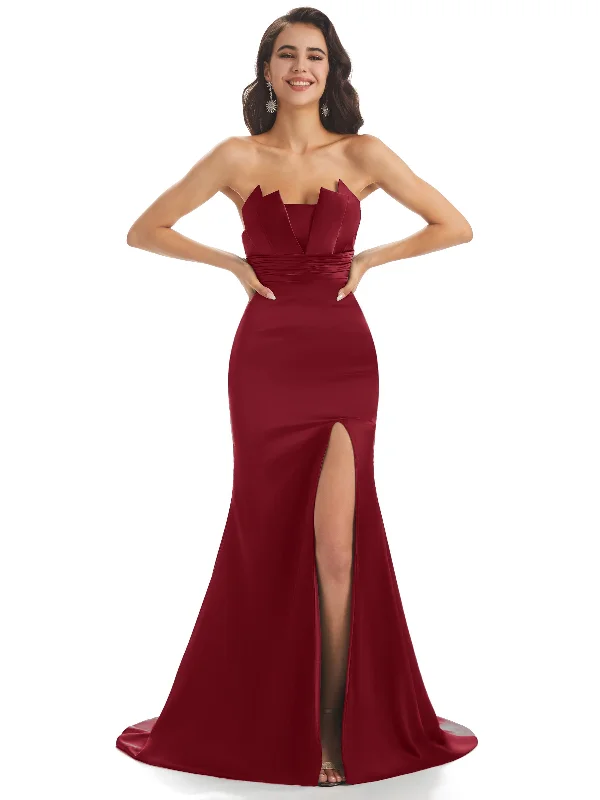 Sexy Side Slit Soft Satin Modern Long Mermaid Dresses To Wear to a Wedding as a Guest