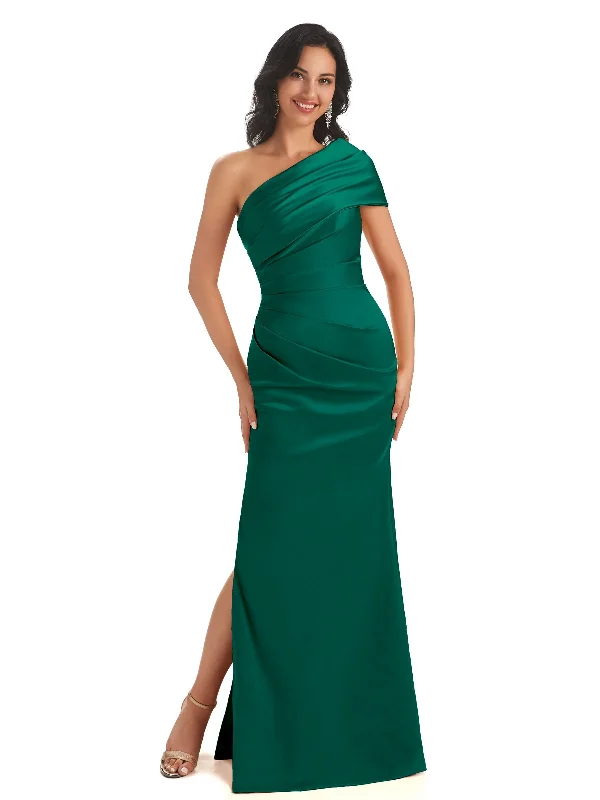 Sexy Soft Satin One Shoulder Long Side Slit Mermaid Plus Size Dresses to Wwear to a Wedding