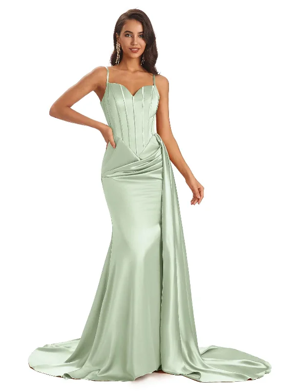 Sexy Soft Satin Mermaid Long Spaghetti Straps Good Wedding Guest Dresses