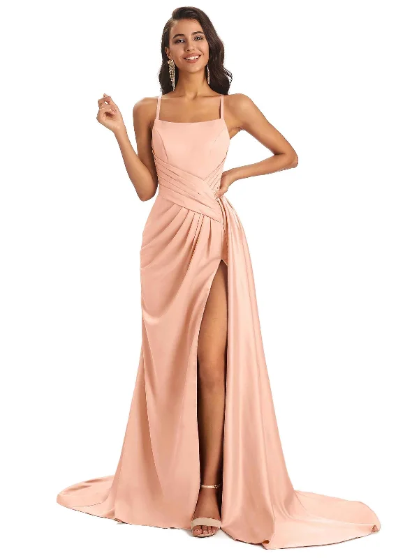 Sexy Soft Satin Side Slit Spaghetti Straps Unique Long Wedding Guest Dresses