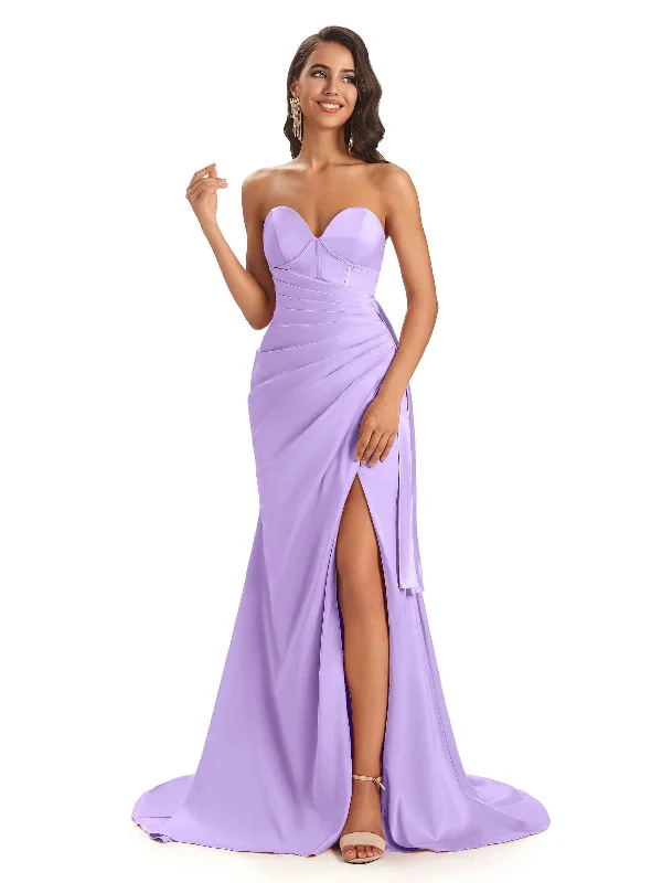 Sexy Soft Satin Side Slit Sweetheart Long Mermaid Formal Gown Wedding Guest Dresses