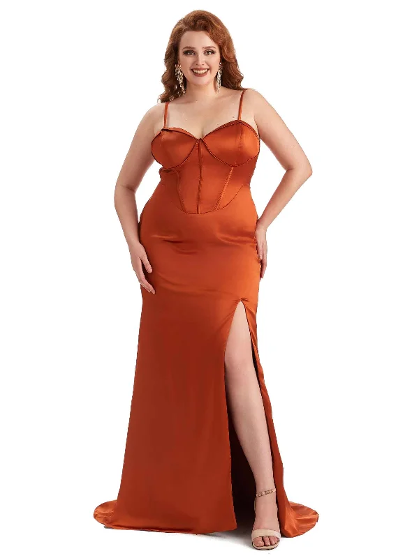 Sexy Spaghetti Straps Side Slit Mermaid Soft Satin Long Plus Size Dress To Wear to a Wedding