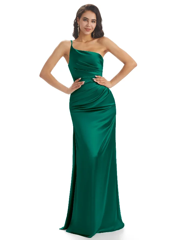 Silky Soft Satin One Shoulder Side Slit Mermaid Long Curve Wedding Guest Dresses