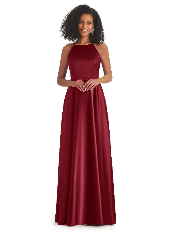 Simple Satin A-line Halter Long Mermaid African Formal Wedding Guest Dresses