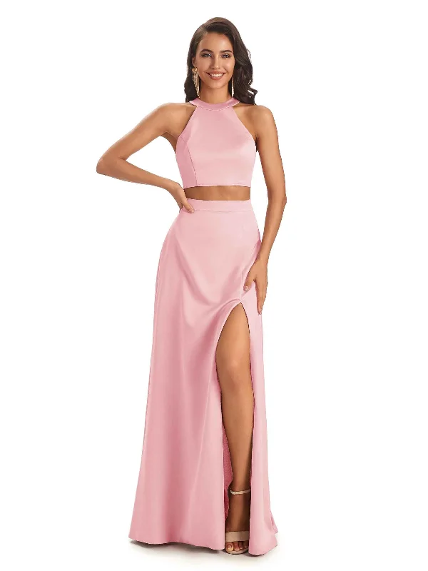 Soft Satin Two-Pieces Halter Side Slit Sexy Long Good Wedding Guest Dresses