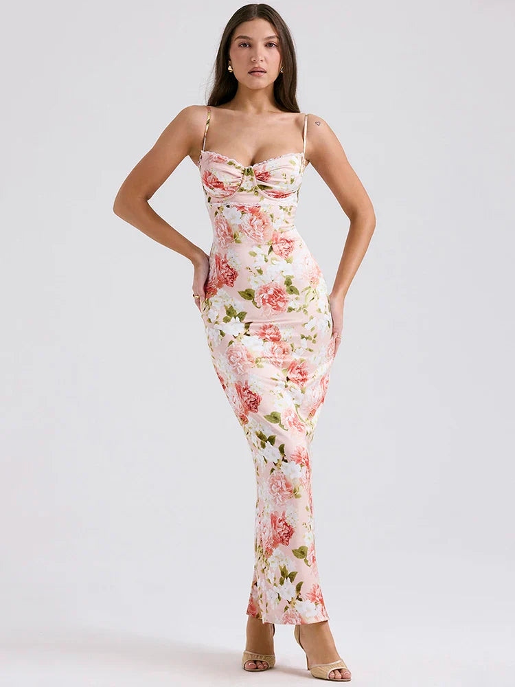 Spaghetti Strap Sleeveless Backless Bodycon Back Split Maxi Floral Dress